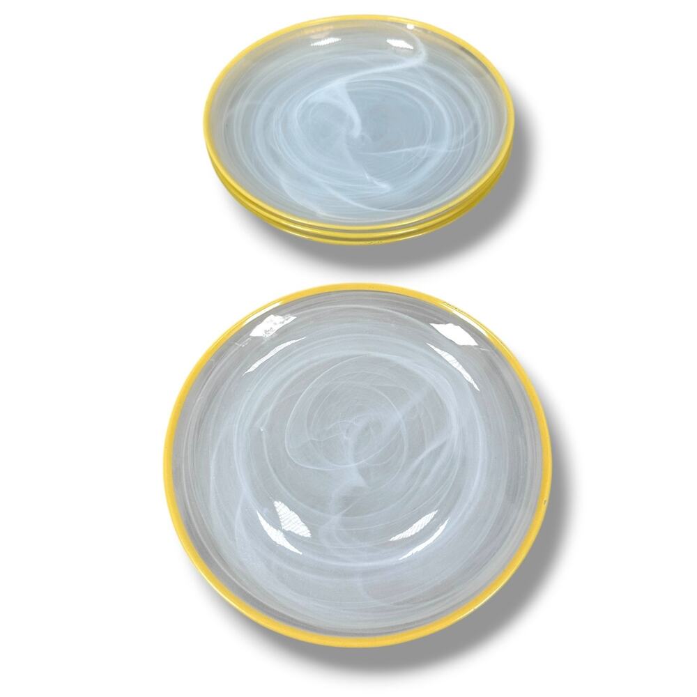 ArdaCam Art of Tabletop Turkish Glass Salad Plates Yellow White Swirl Lot of‎ 4